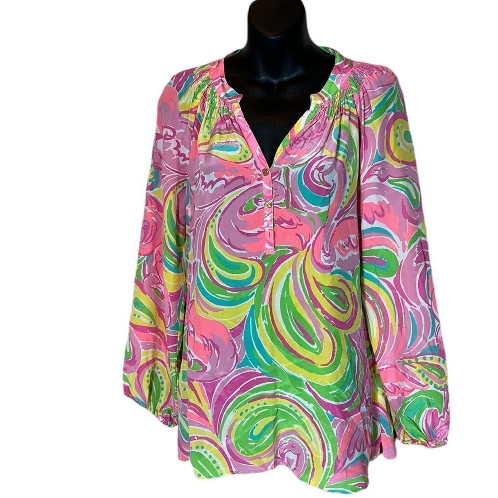 Lilly Pulitzer Elsa all nighter 100% silk colorful vibrant flamingo artsy top